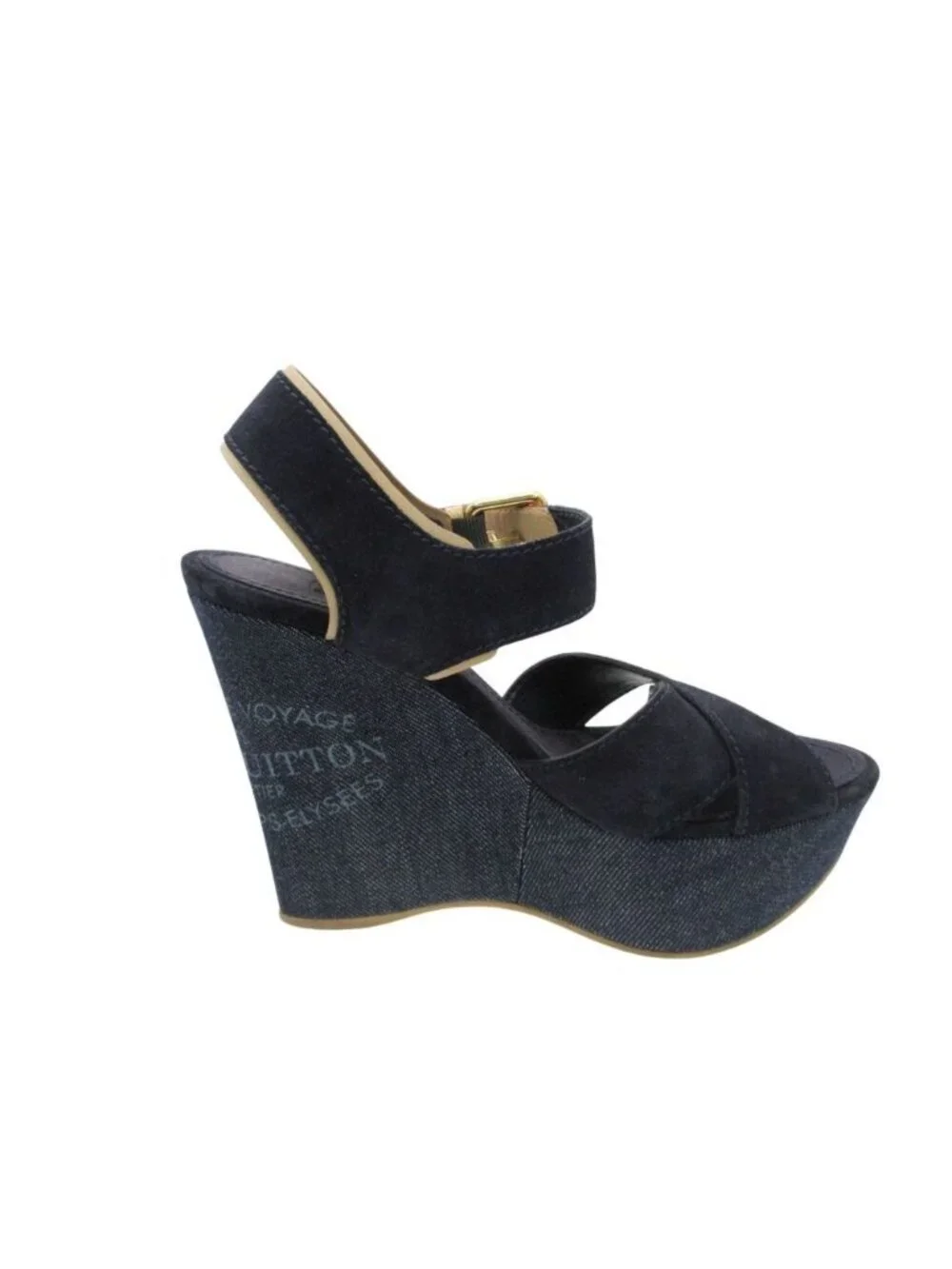 Louis Vuitton Sandals Monogram Wedge Sole Denim Suede Cross Strap Belt Shoes